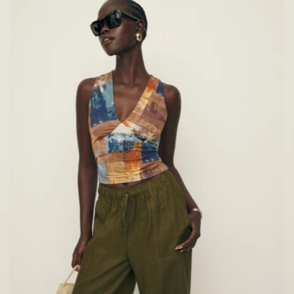 NWOT Reformation Bowie Knit Top in Collage Blue Yellow Sleeveless Tank V Neck